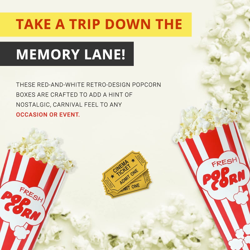 Salbree 30 Movie Night Popcorn Paper Boxes Buckets 7.75 Inches Tall Large Box & Holds 46 Oz Old Fashion Vintage Retro Party Design Red & White Colored Nostalgic Carnival Stripes Bags & Tubs various qty avail - Image 4